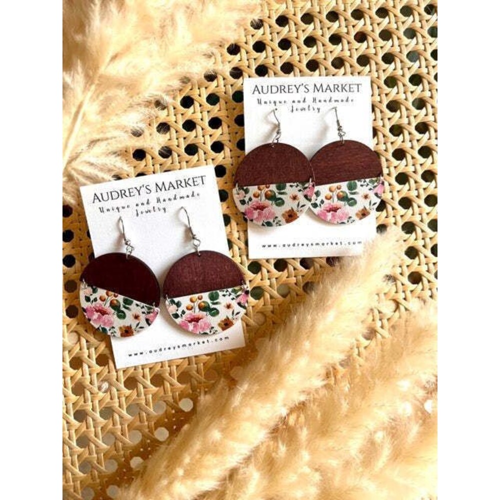 Lightweight Wooden Leather Botanical Floral Earrings
